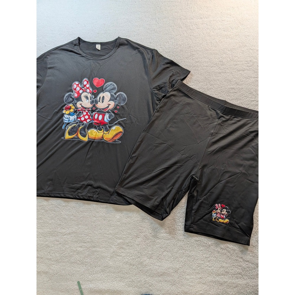 Disney Mickey Minnie Mouse Pajama Set Black Graphic Tee Biker Shorts XXL Womens